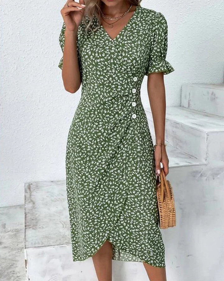 Floral Wrap Midi Dress with Ruffle Sleeves for Women