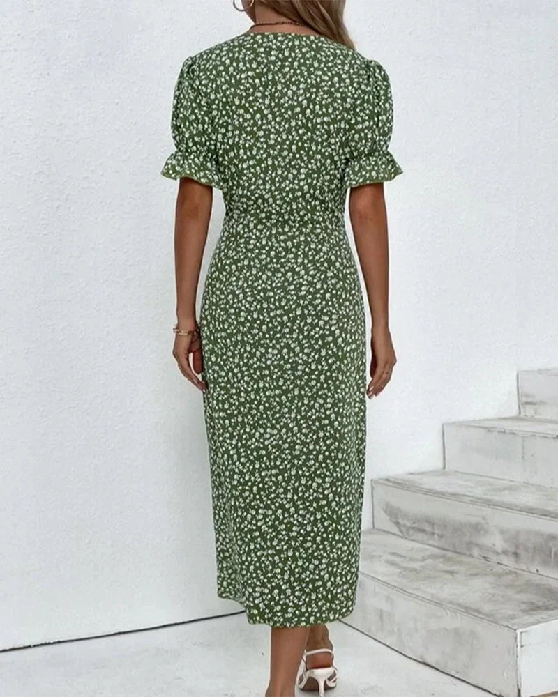 Floral Wrap Midi Dress with Ruffle Sleeves for Women