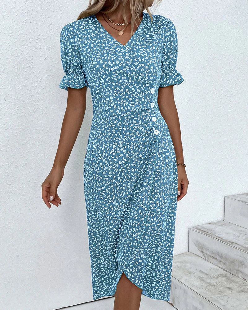 Floral Wrap Midi Dress with Ruffle Sleeves for Women