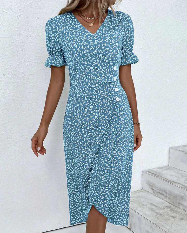 Floral Wrap Midi Dress with Ruffle Sleeves for Women