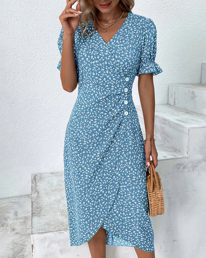 Floral Wrap Midi Dress with Ruffle Sleeves for Women
