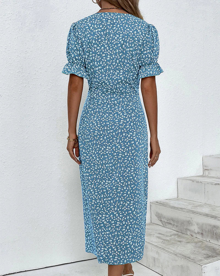 Floral Wrap Midi Dress with Ruffle Sleeves for Women