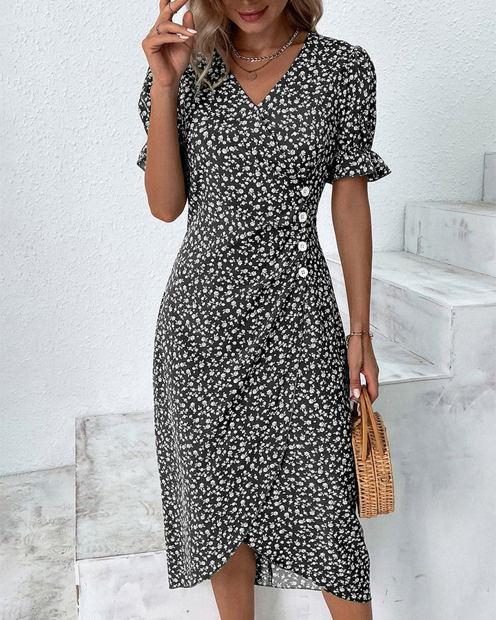 Floral Wrap Midi Dress with Ruffle Sleeves for Women