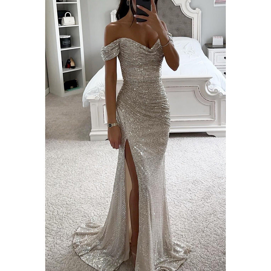 Off-Shoulder Sequin Gown with High Slit for Women