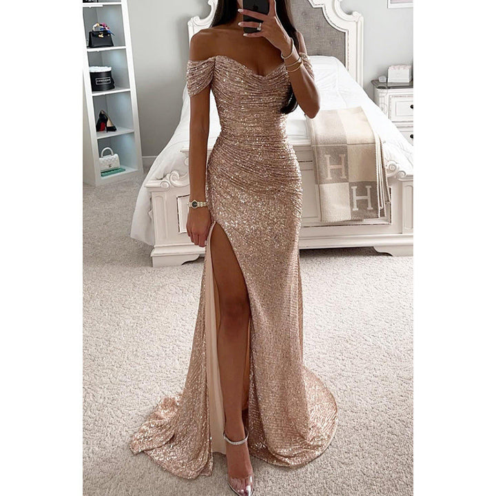 Off-Shoulder Sequin Gown with High Slit for Women