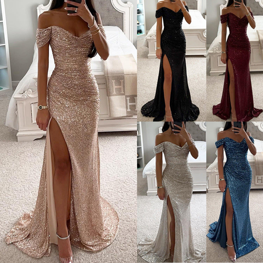 Off-Shoulder Sequin Gown with High Slit for Women
