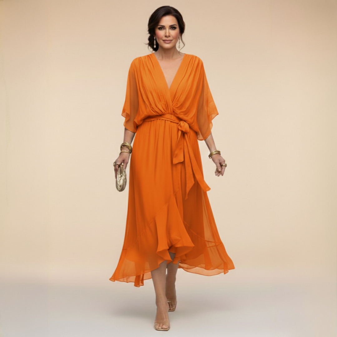 V-Neck Belted Chiffon Midi Dress for Women
