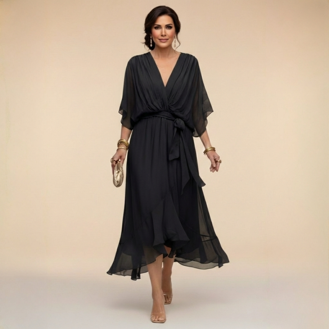 V-Neck Belted Chiffon Midi Dress for Women