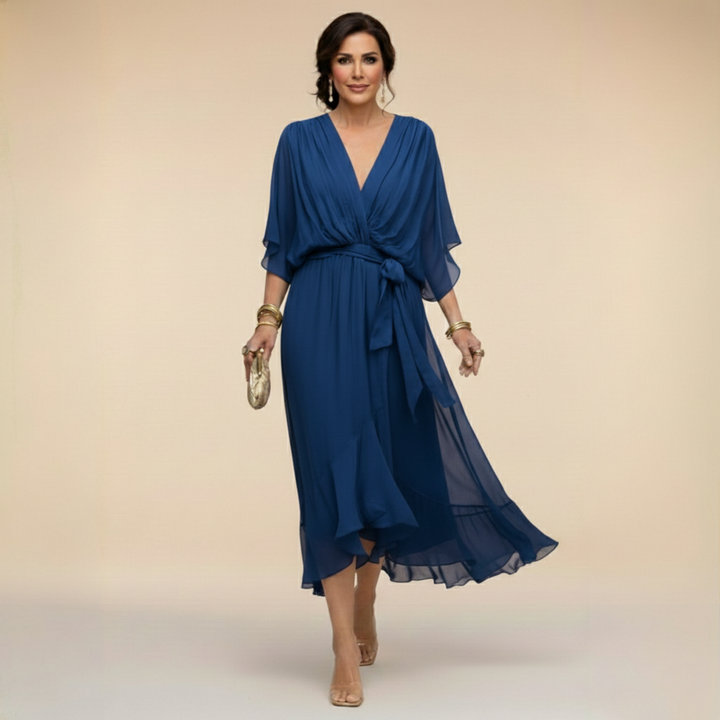 V-Neck Belted Chiffon Midi Dress for Women