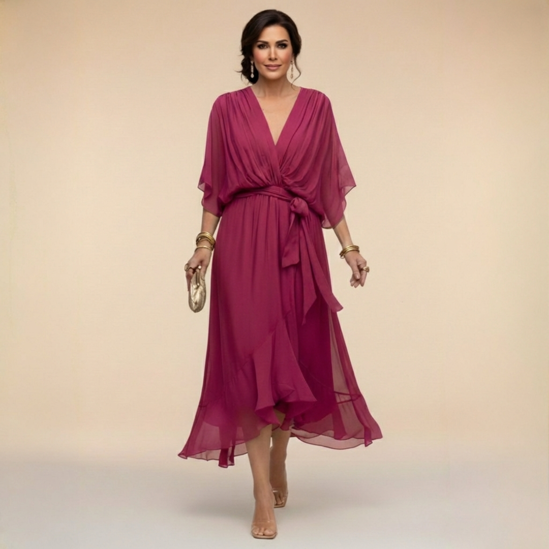 V-Neck Belted Chiffon Midi Dress for Women