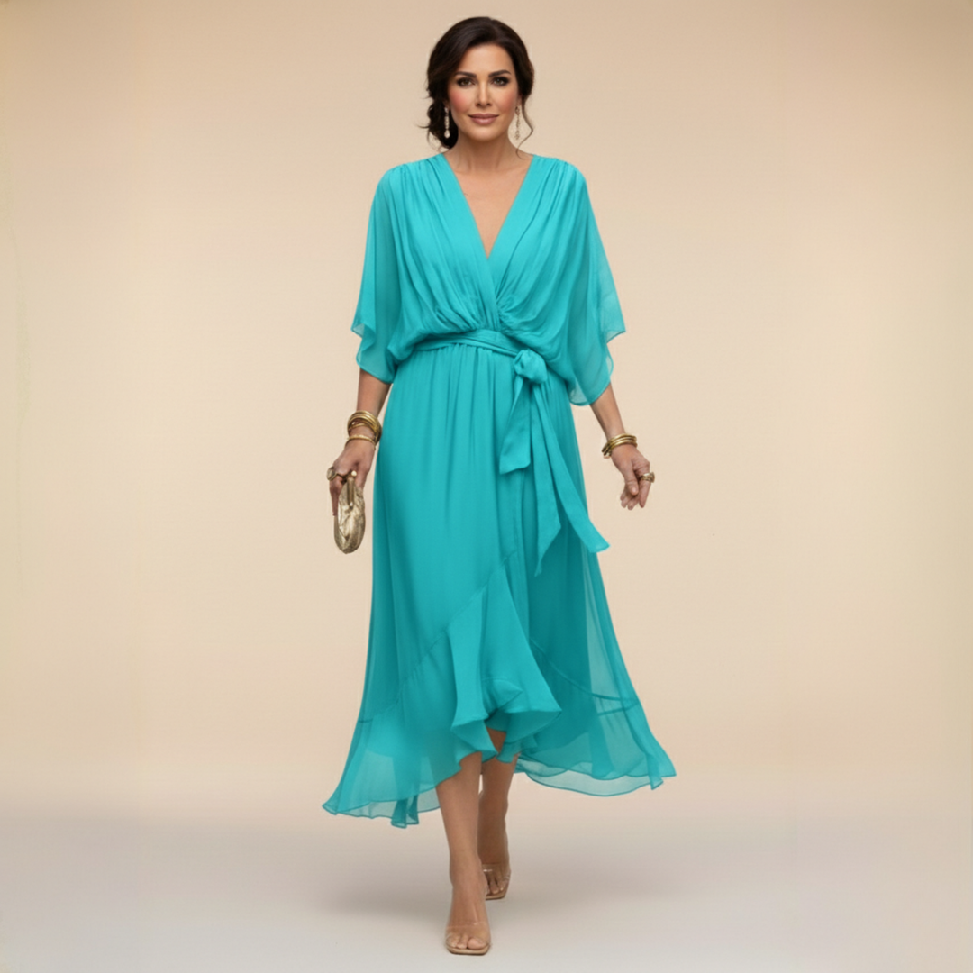 V-Neck Belted Chiffon Midi Dress for Women