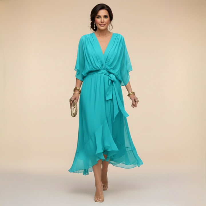V-Neck Belted Chiffon Midi Dress for Women