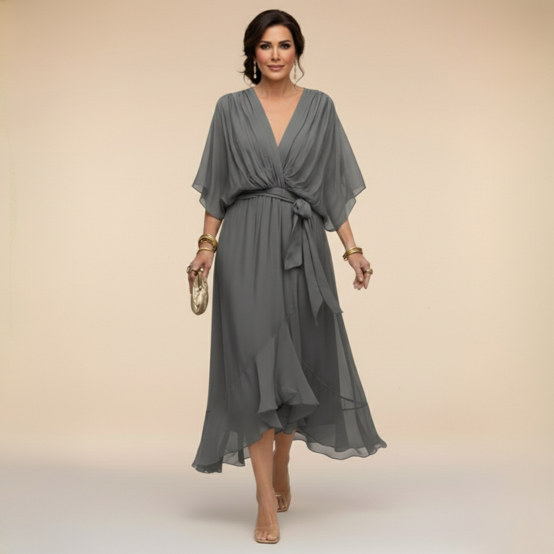 V-Neck Belted Chiffon Midi Dress for Women
