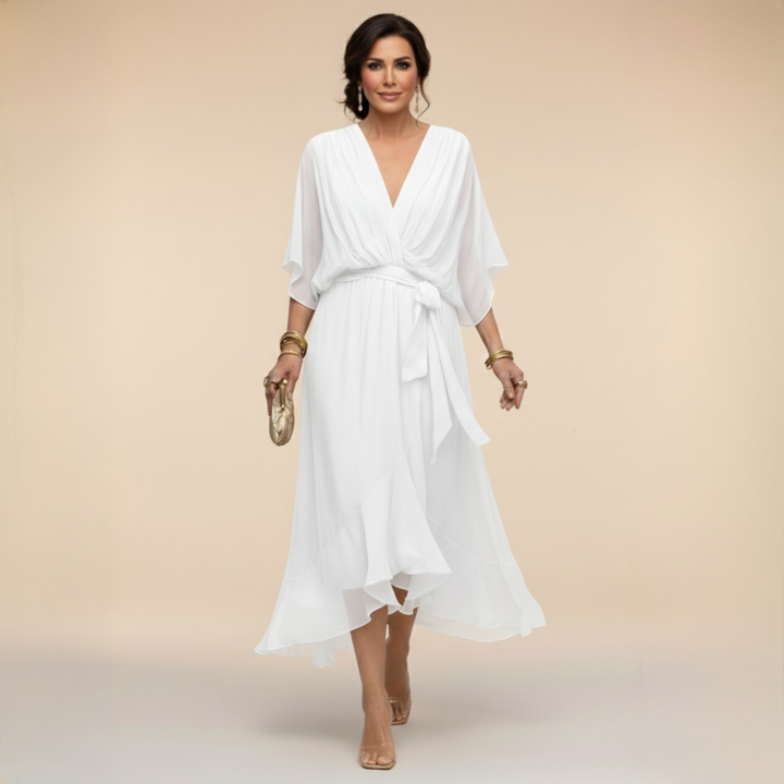 V-Neck Belted Chiffon Midi Dress for Women