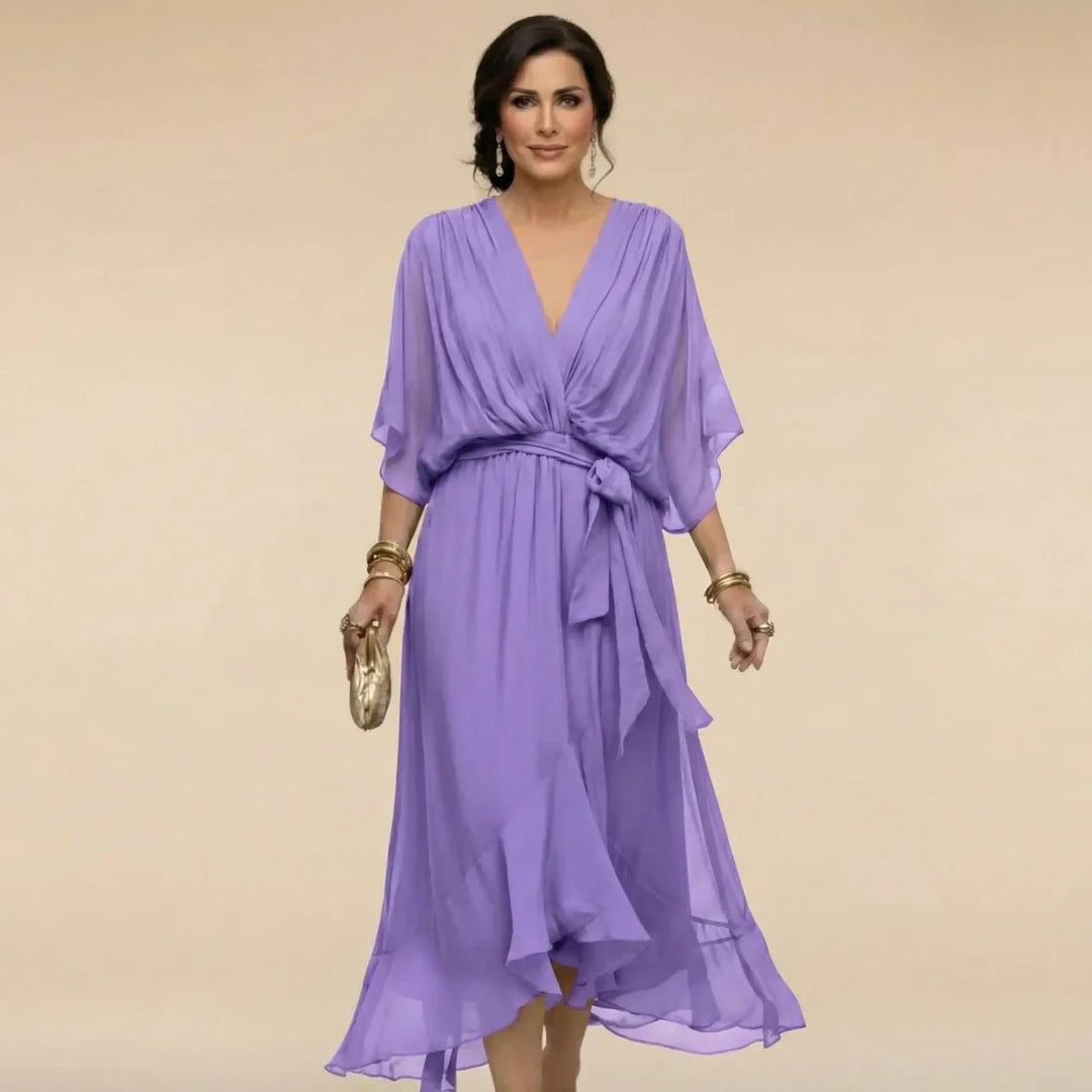 V-Neck Belted Chiffon Midi Dress for Women