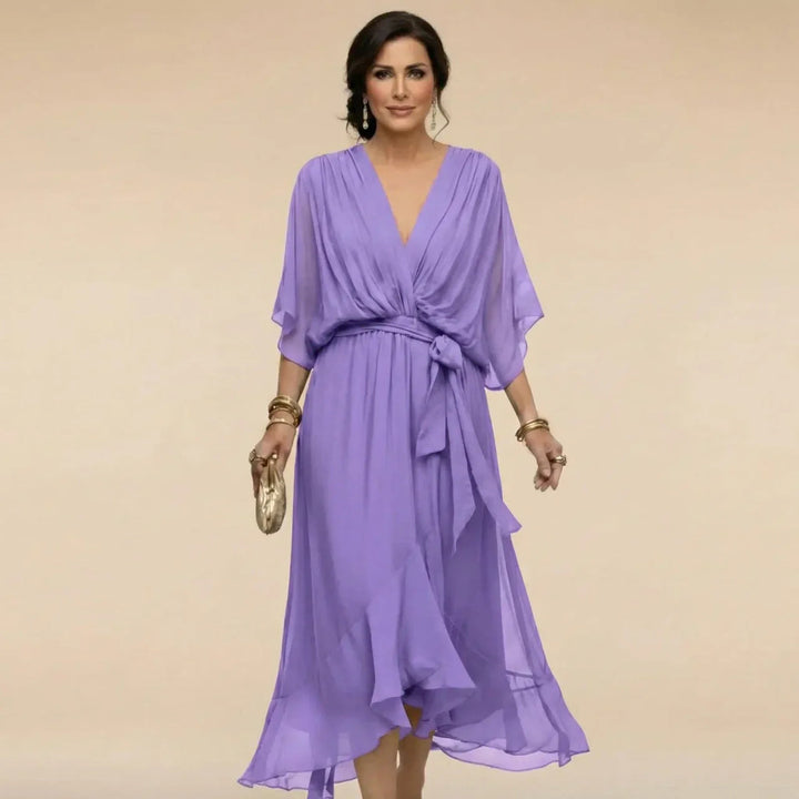 V-Neck Belted Chiffon Midi Dress for Women