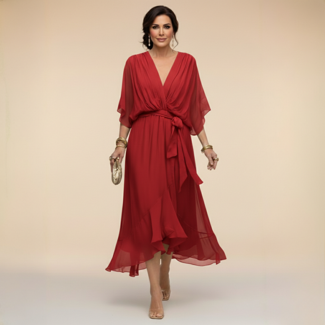 V-Neck Belted Chiffon Midi Dress for Women