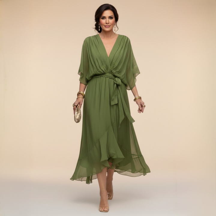 V-Neck Belted Chiffon Midi Dress for Women