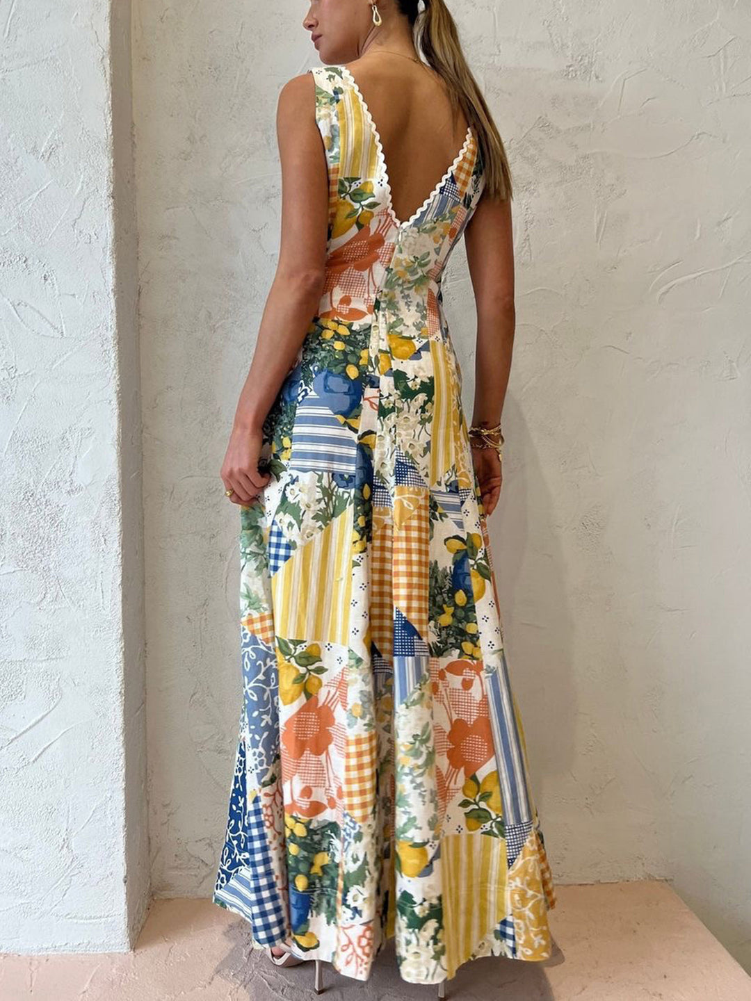 Patchwork V-Neck Maxi Dress for Women