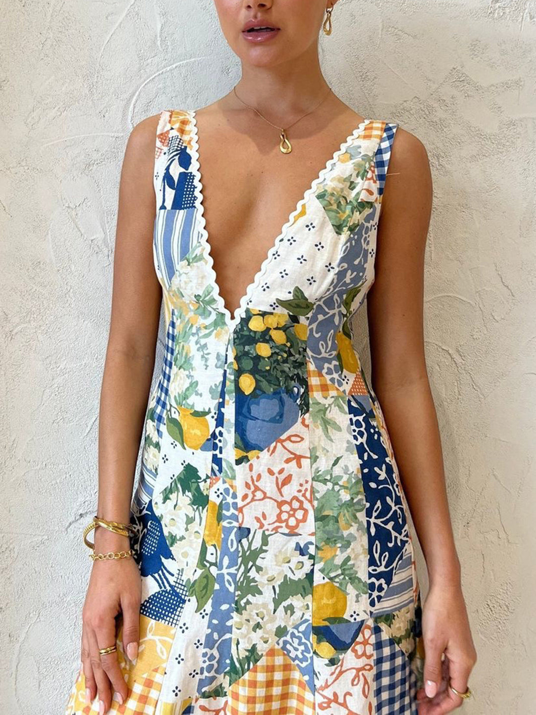 Patchwork V-Neck Maxi Dress for Women