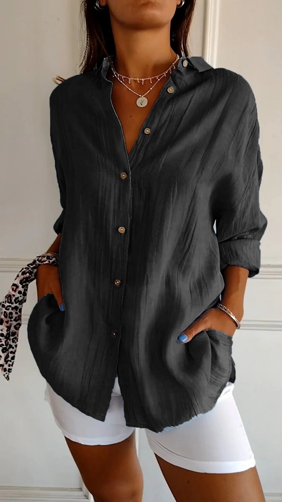 Relaxed Button-Up Long Sleeve Blouse for Women