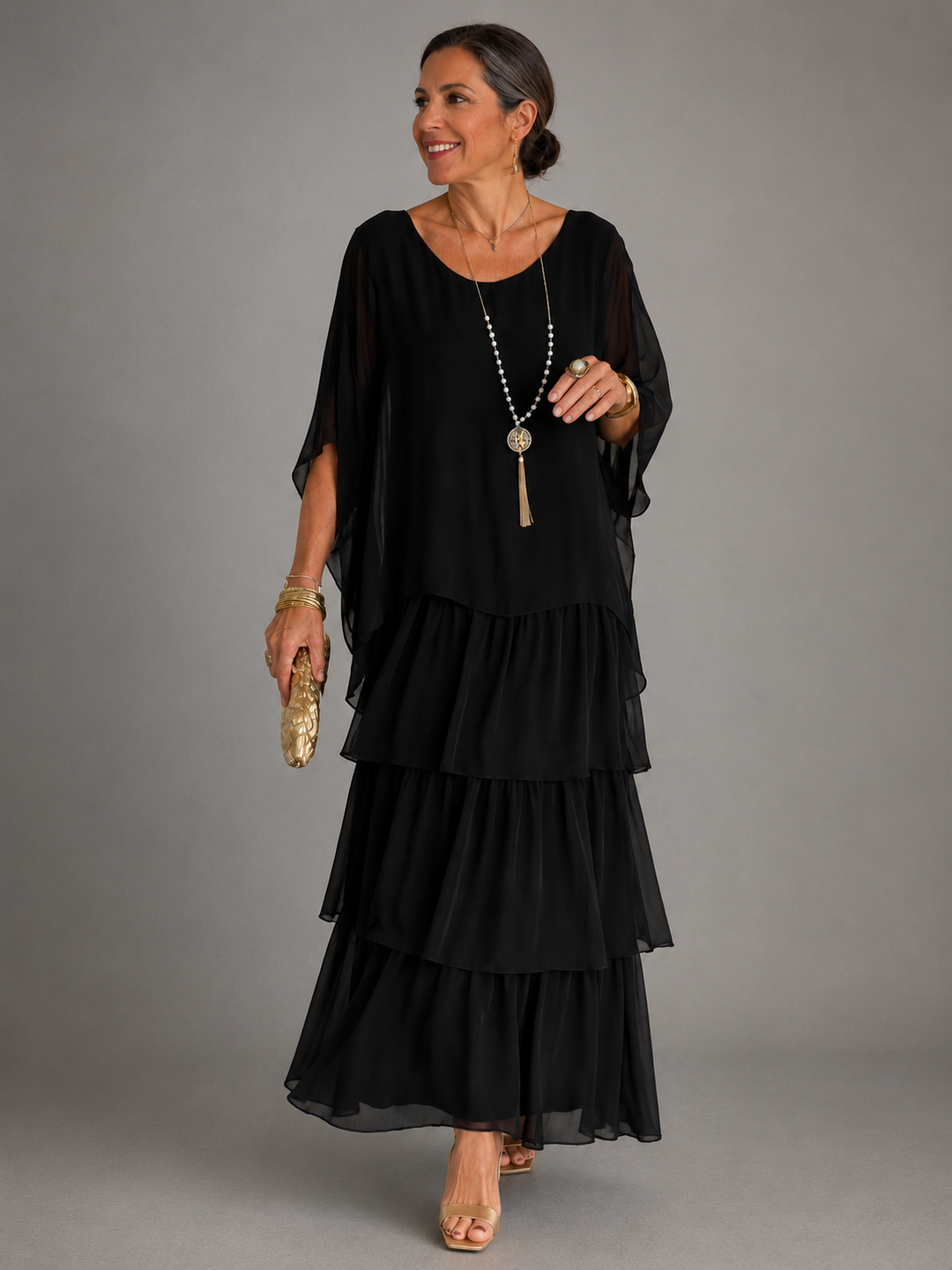 Tiered Chiffon Maxi Dress with Cape Sleeves for Women