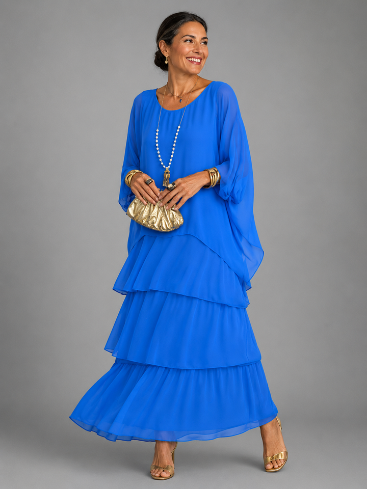 Tiered Chiffon Maxi Dress with Cape Sleeves for Women