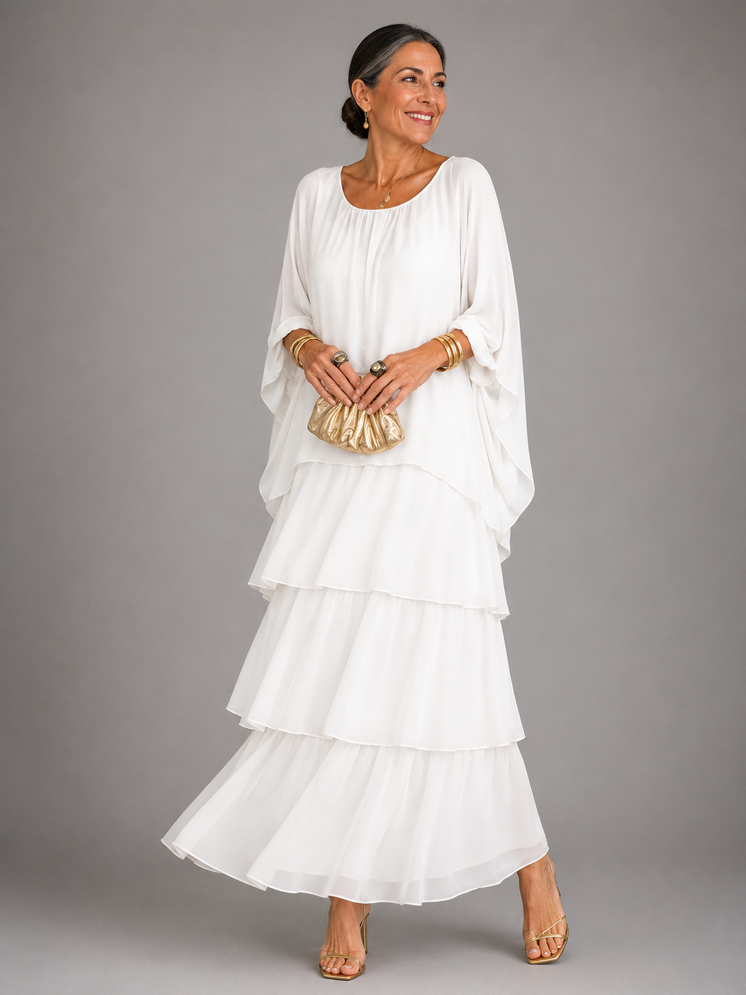 Tiered Chiffon Maxi Dress with Cape Sleeves for Women