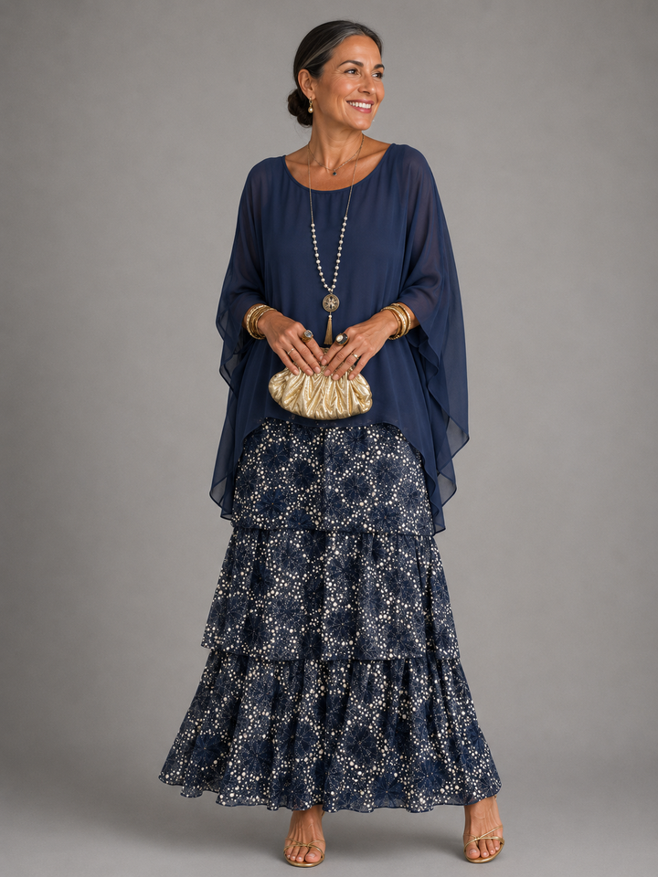 Tiered Chiffon Maxi Dress with Cape Sleeves for Women