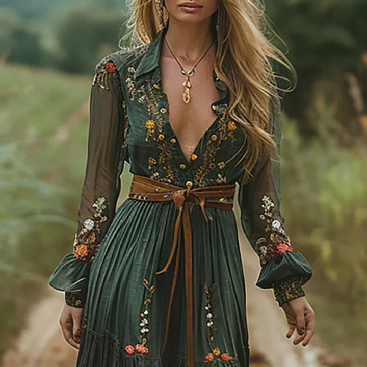 Floral V-Neck Long Sleeve Maxi Dress for Women