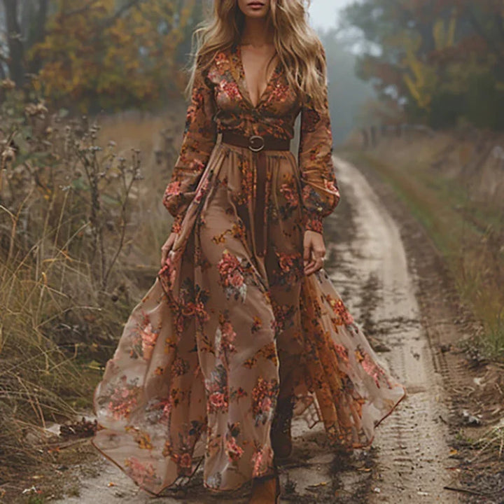 Floral V-Neck Long Sleeve Maxi Dress for Women
