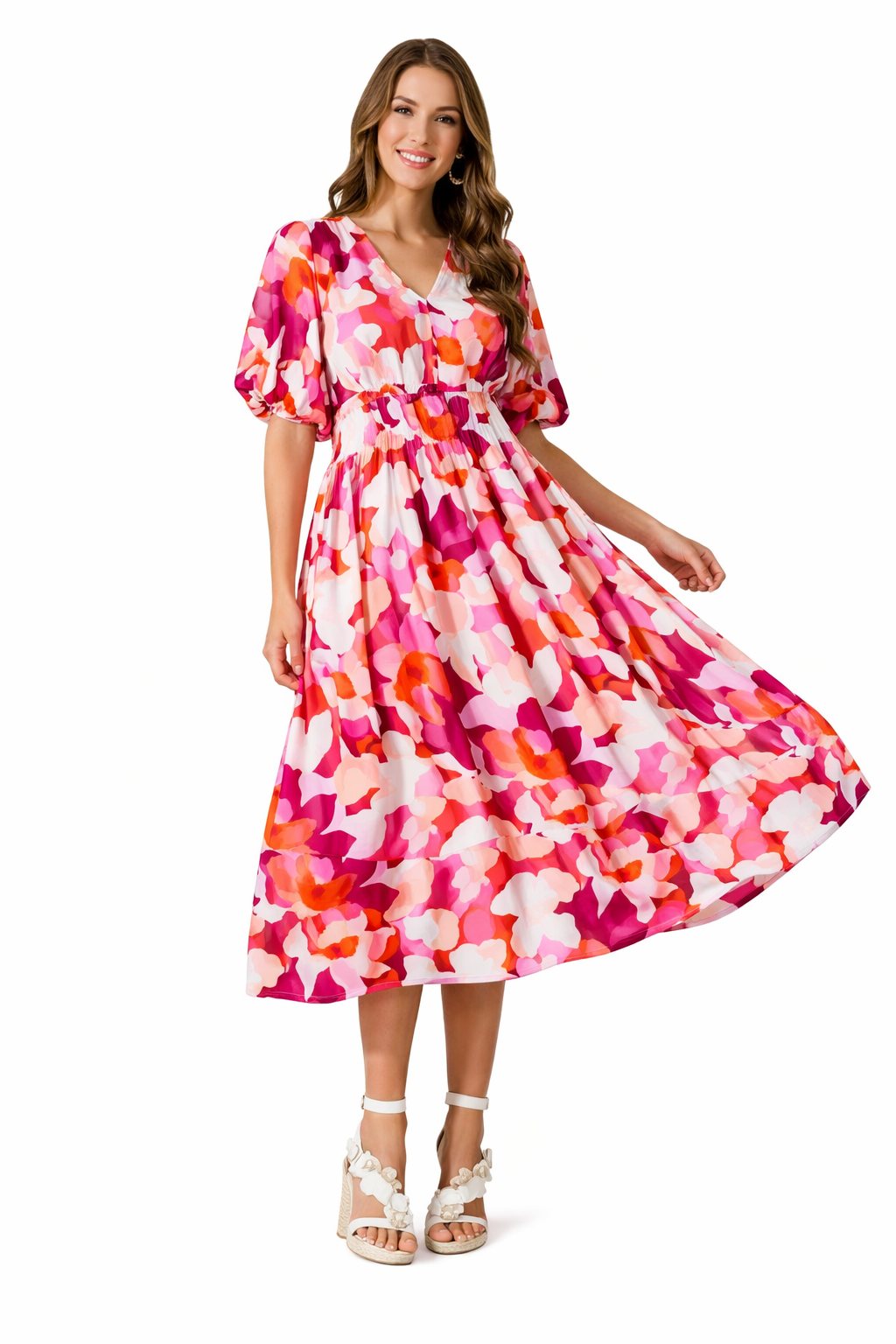 Floral V-Neck Flowing Midi Dress for Women