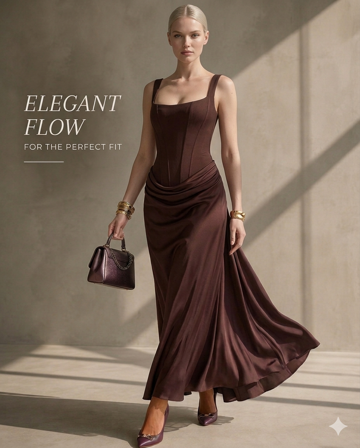 Square Neck Draped Waist Maxi Dress for Women