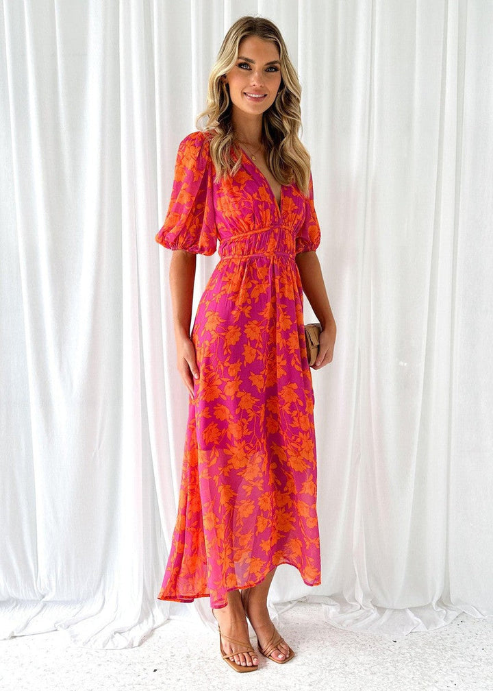 Floral Puff Sleeve V-Neck Midi Dress for Women