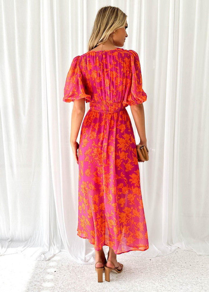 Floral Puff Sleeve V-Neck Midi Dress for Women
