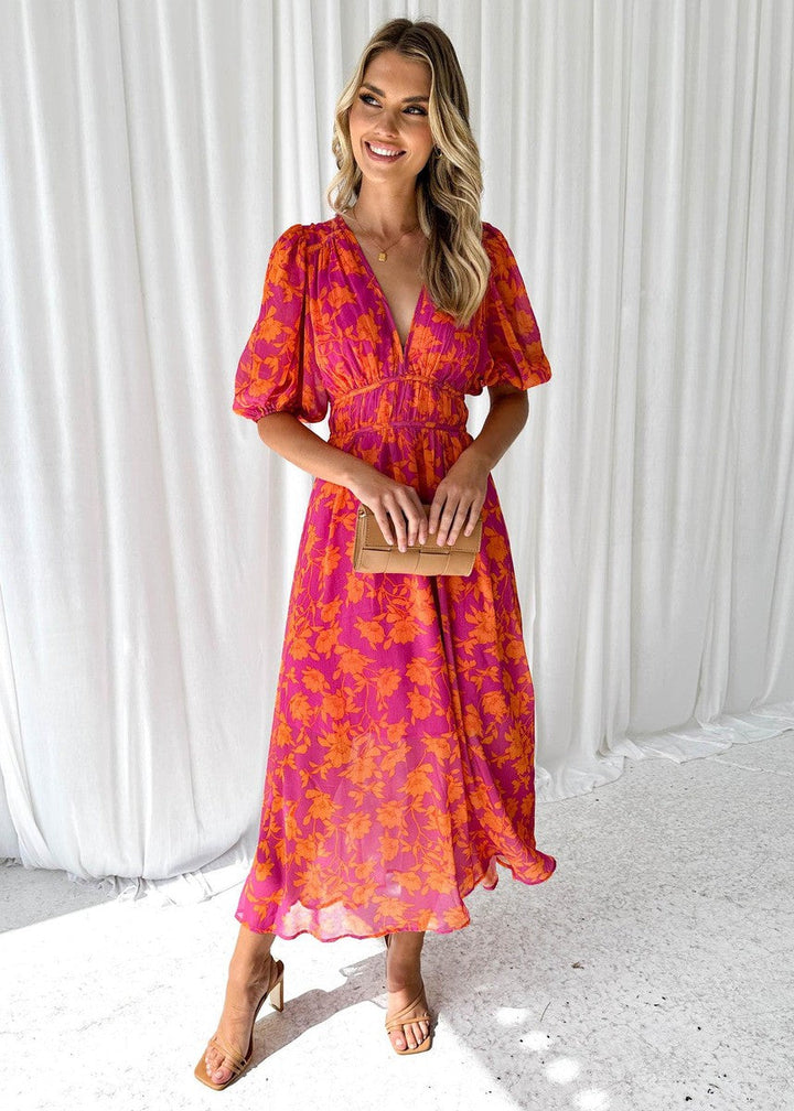 Floral Puff Sleeve V-Neck Midi Dress for Women