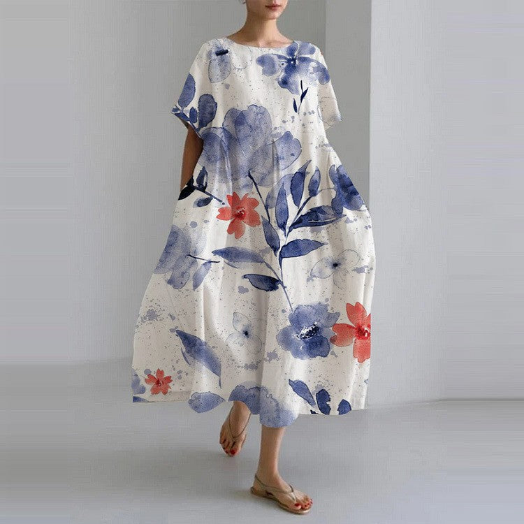 Floral Cotton Linen Maxi Dress for Women