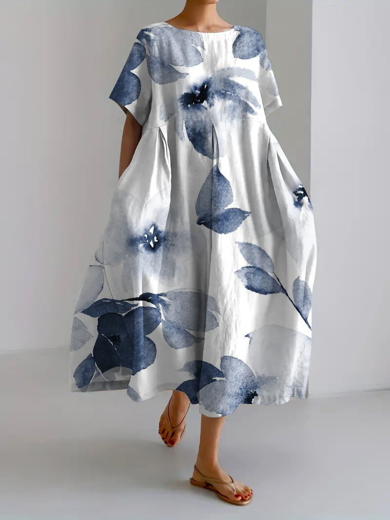 Floral Cotton Linen Maxi Dress for Women