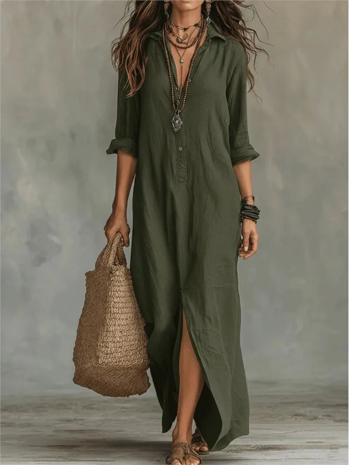 V-Neck Maxi Dress with 3/4 Sleeves for Women