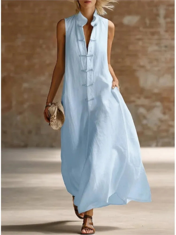 Sleeveless Shirt Collar Maxi Dress for Women