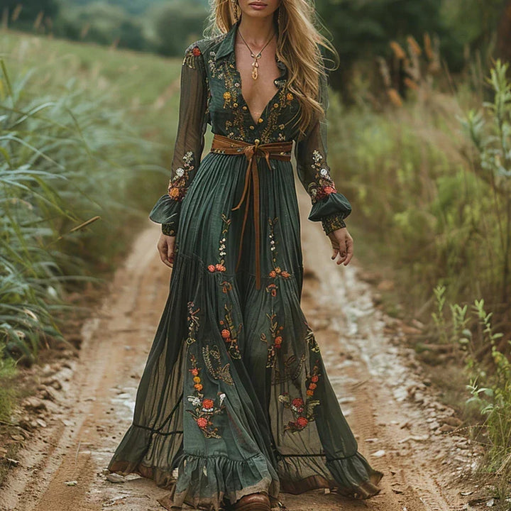 Floral V-Neck Long Sleeve Maxi Dress for Women