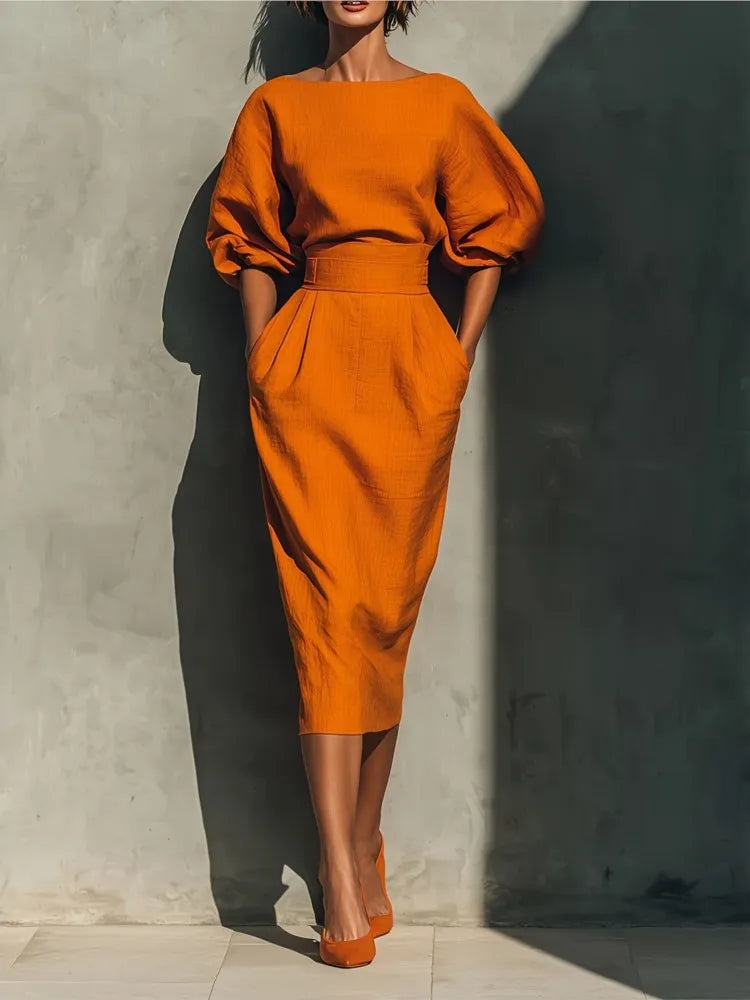 Puff Sleeve Fitted Waist Midi Dress for Women