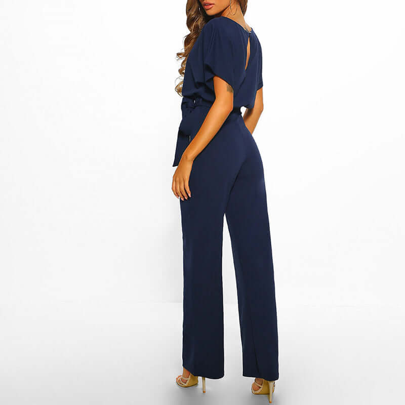 Short Sleeve Tie Belt Jumpsuit for Women