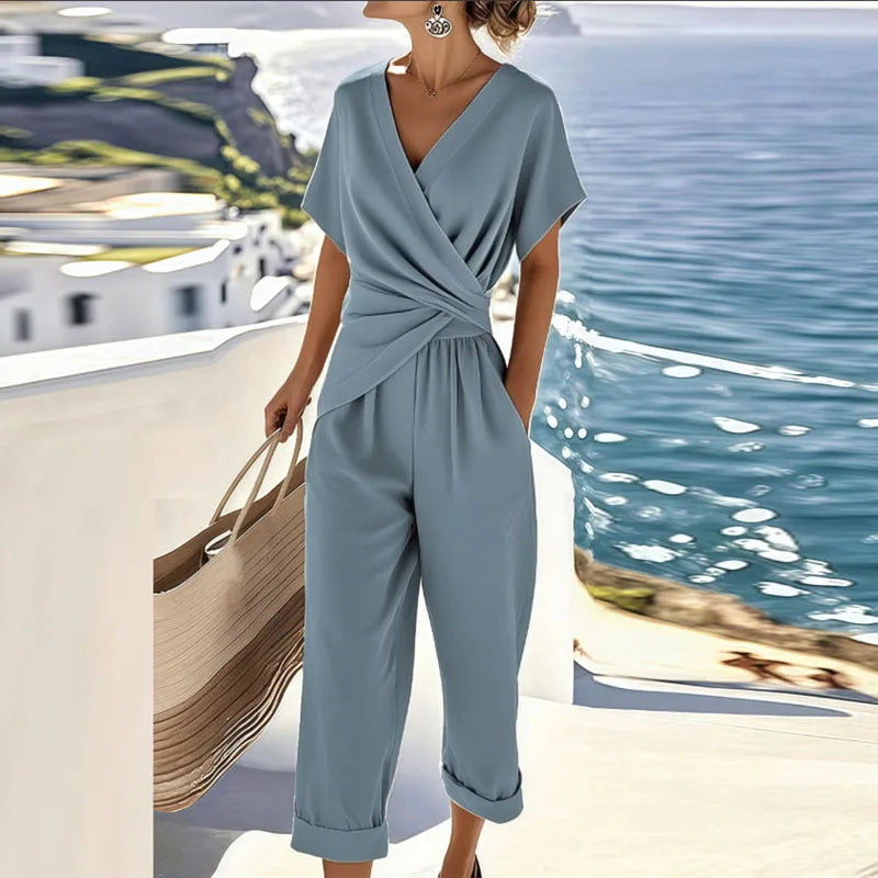 V-Neck Top and Relaxed Pant Set for Women