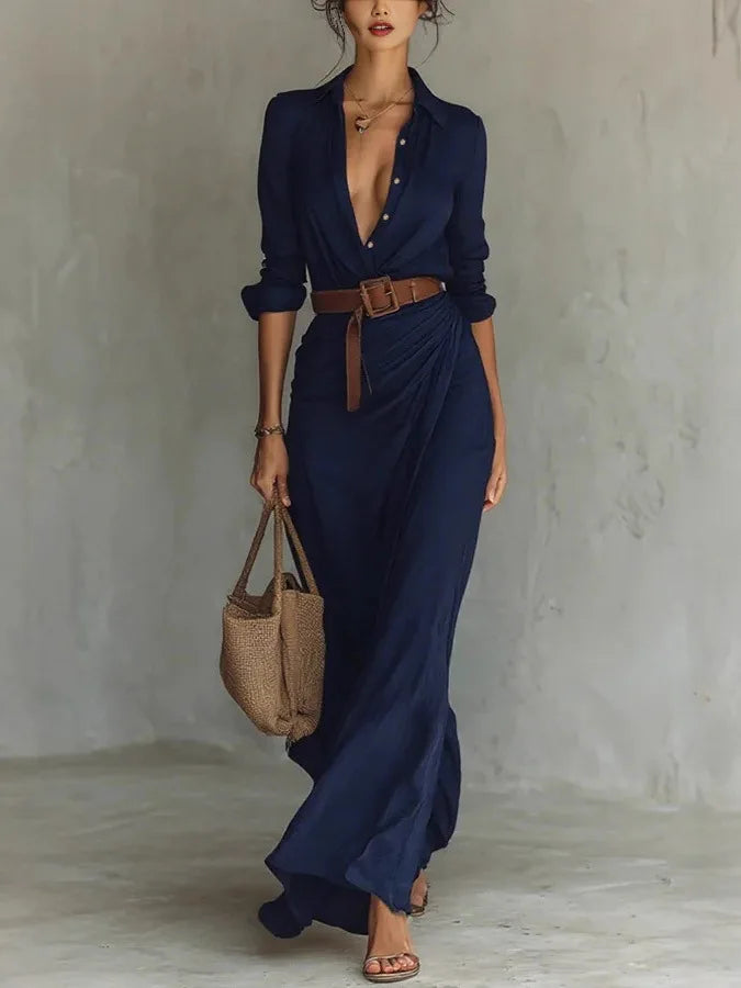 V-Neck Pleated Maxi Dress for Women