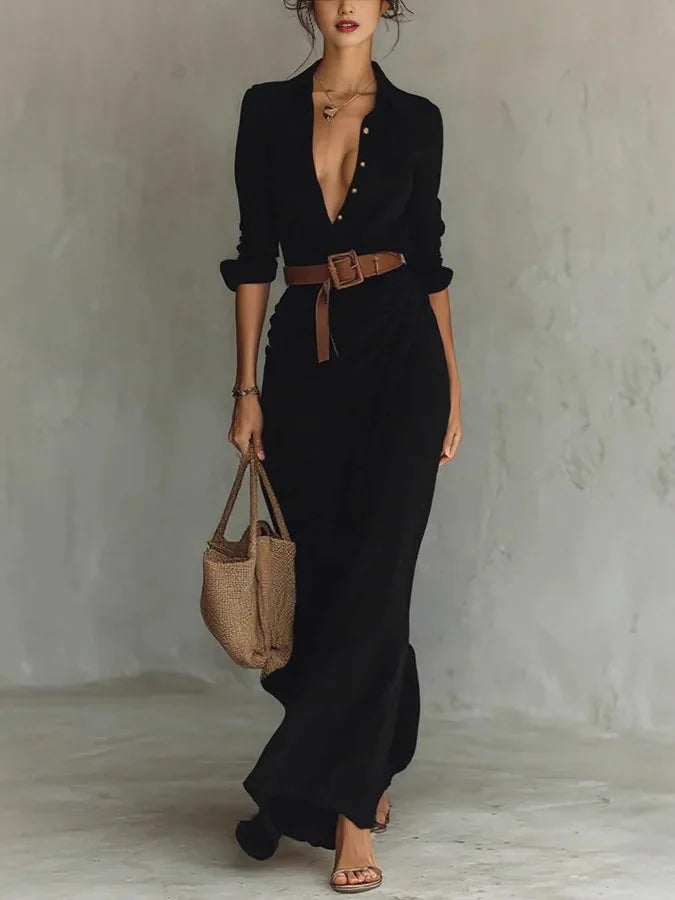V-Neck Pleated Maxi Dress for Women