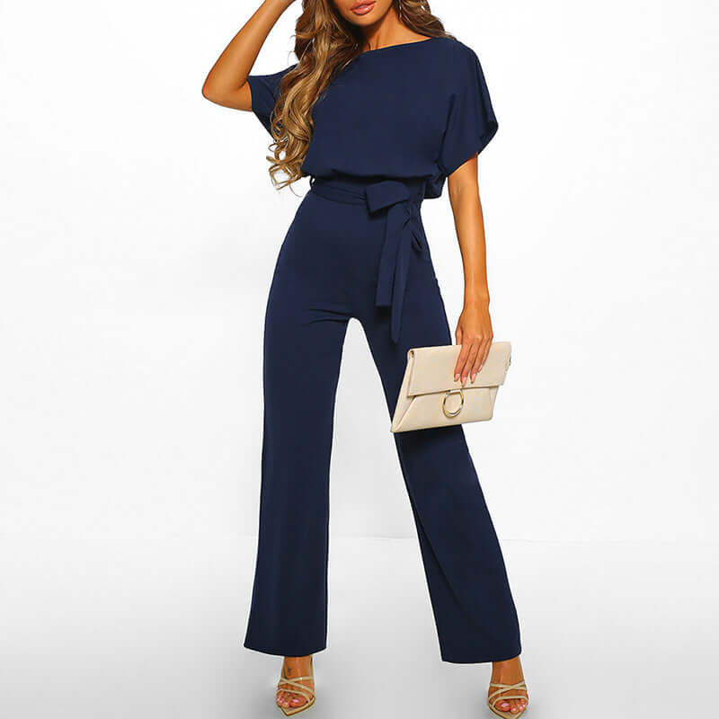 Short Sleeve Tie Belt Jumpsuit for Women