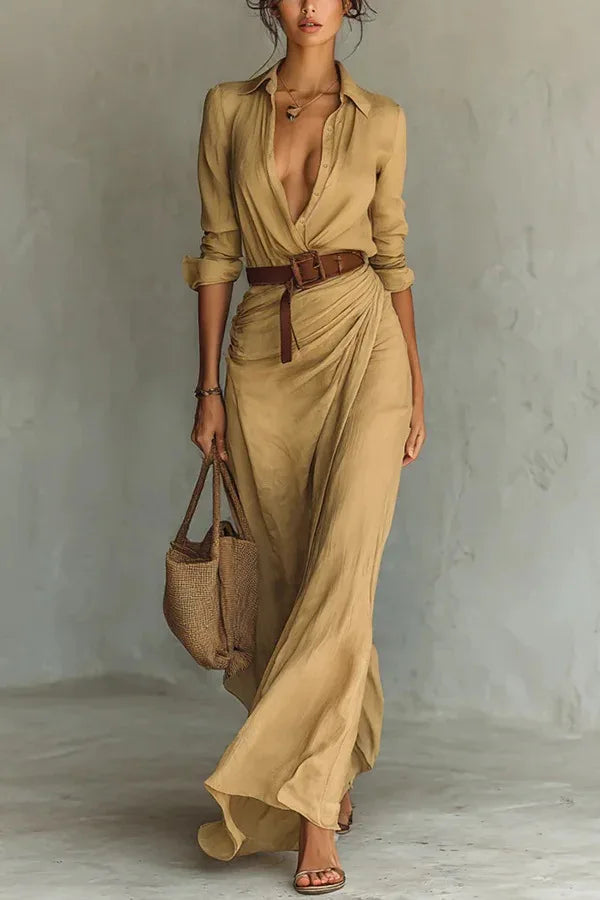 V-Neck Pleated Maxi Dress for Women