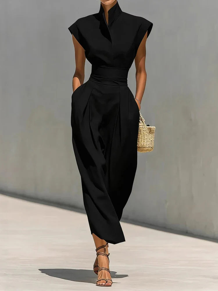 High-Neck Midi Dress with Pockets for Women