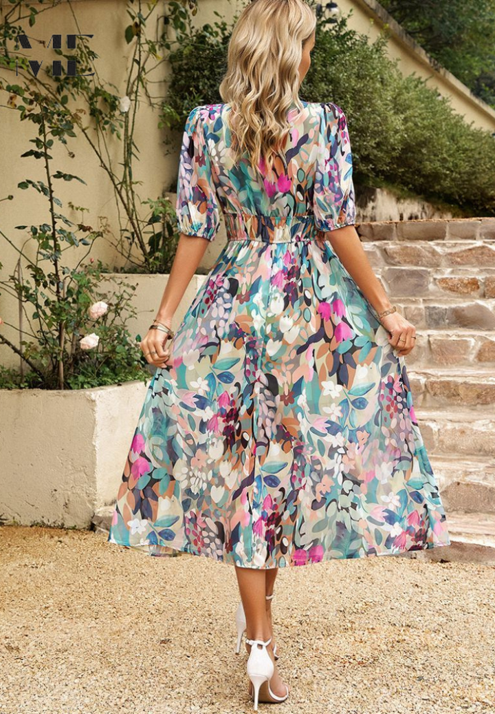 Floral Puff Sleeve Midi Dress for Women